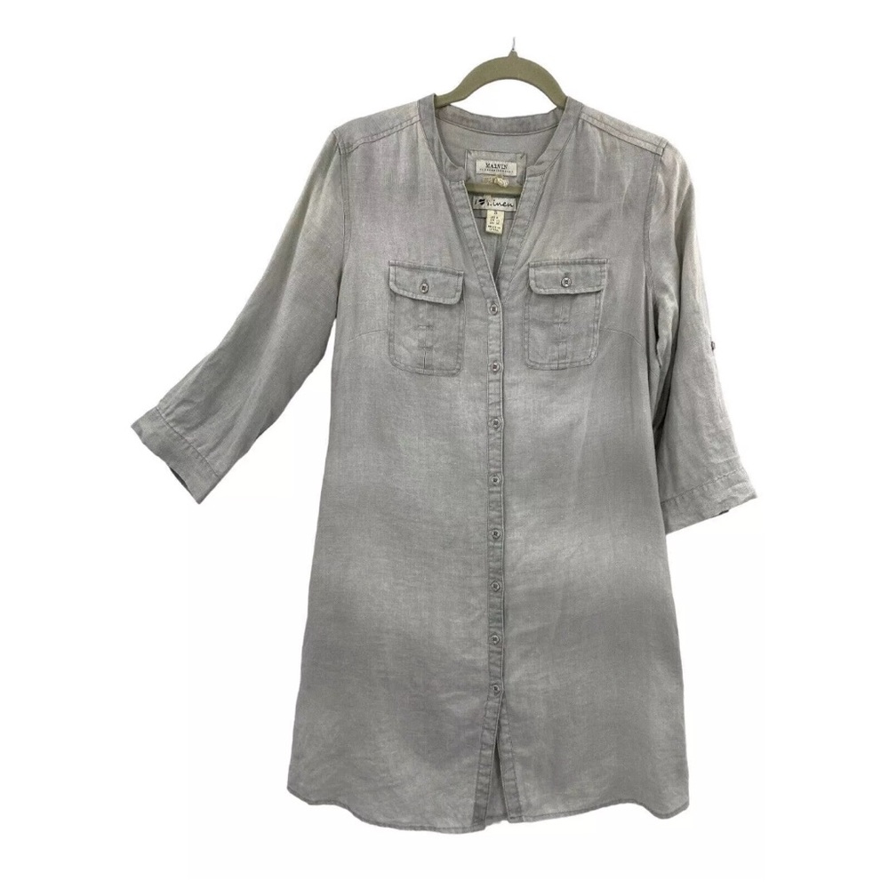 Malvin I Love Linen Shirt Shift Dress Button Front Gray Small 3/4 Sleeve Rolltab
